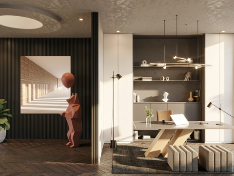 现代书房_办公桌_椅子_书柜_饰品_书籍_吊灯su模型