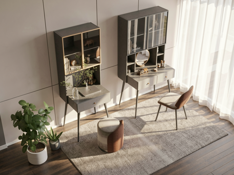 现代书桌椅组合_梳妆台_皮质凳子_椅子_装饰品_摆件su模型