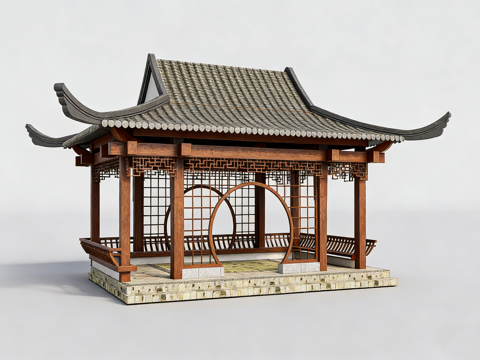 中式凉亭屋顶 四角攒尖顶 飞檐 美人靠 吴王靠 亭子栏杆 镂su模型