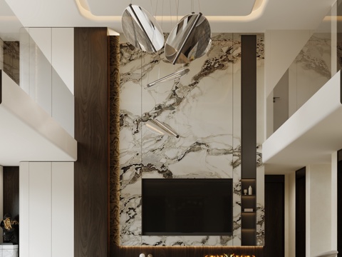  现代客餐厅 挑空别墅 酒柜 沙发组 意式 轻奢3d模型 