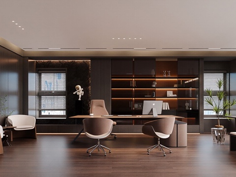  现代意式经理办公室 办公桌椅 老板椅 办公椅 书柜 办公室3d模型 