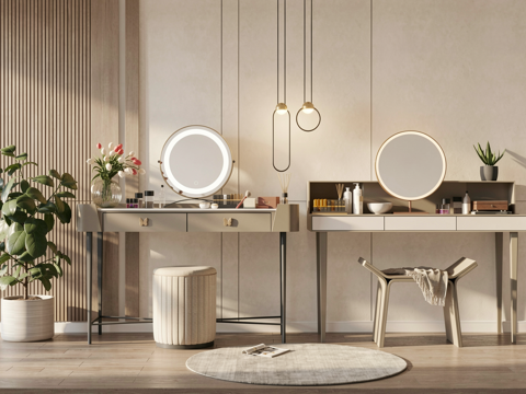 现代梳妆台梳妆镜子化妆品su模型