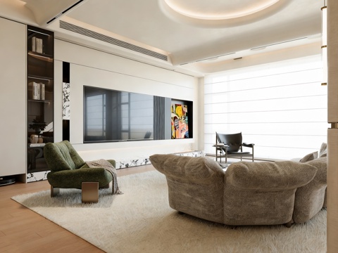  现代奶油风大平层客厅3d模型 