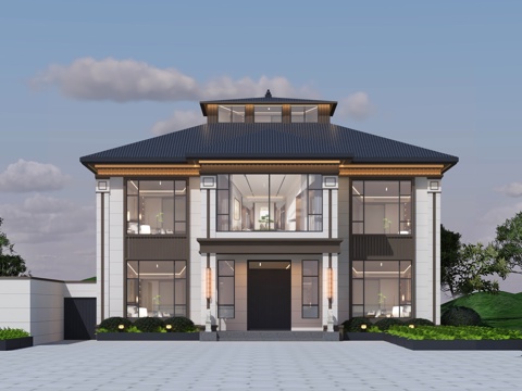  新中式别墅自建房3d模型 