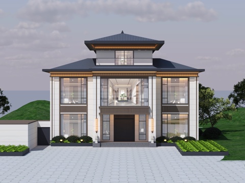  新中式自建房别墅3d模型 