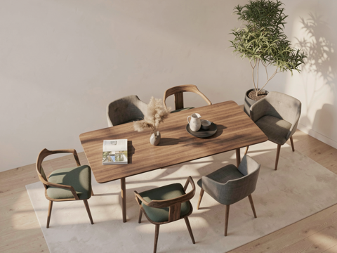 现代餐桌椅组合原木su模型