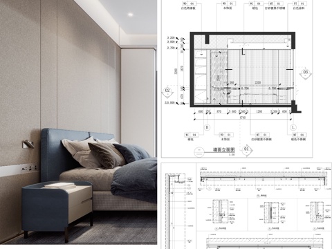 墙面节点 卧室墙面 硬包墙面 床头背景墙cad施工图