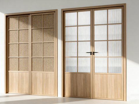 原木风房间门 平开门 推拉门 长虹玻璃门 藤编门 网格门su模型