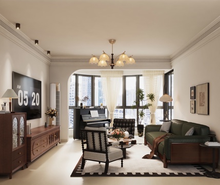  法式中古风客厅 中古风客厅 复古客厅3d模型 