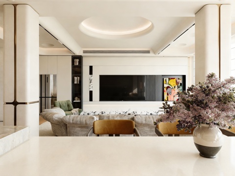  现代奶油风大平层客厅3d模型 