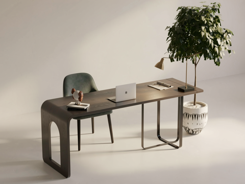 现代轻奢书桌椅组合_书桌_椅_台灯_电脑_摆设su模型