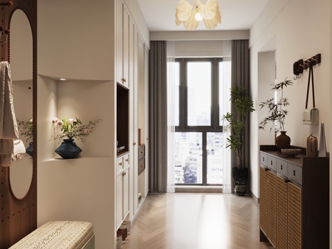  中古风入户玄关 法式复古入户玄关 玄关鞋柜 入户鞋柜3d模型 