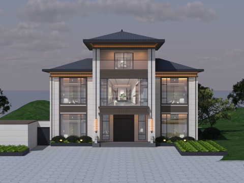  新中式自建房3d模型 
