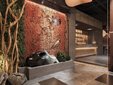 侘寂酒店玄关酒店过道 会所过道su模型