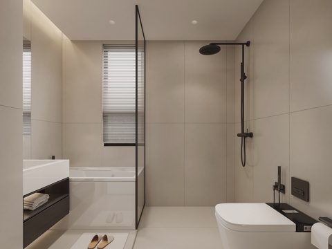  现代奶油卫生间 洗手台 镜子 马桶 淋浴3d模型 