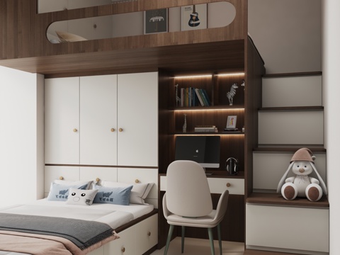  中古风儿童房 上下铺儿童房 男孩房 女孩房 复古原木上下铺3d模型 