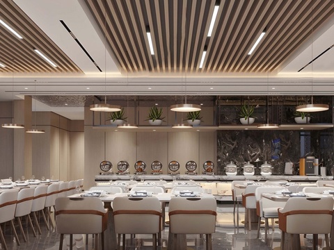 现代自助餐厅  酒店餐厅 员工食堂 公司餐厅食堂 餐桌椅su模型