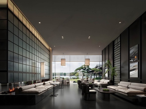 新中式售楼处 洽谈间 会所 沙发组合su模型