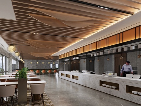 现代自助餐厅  酒店餐厅 明档餐厅 食堂餐厅su模型