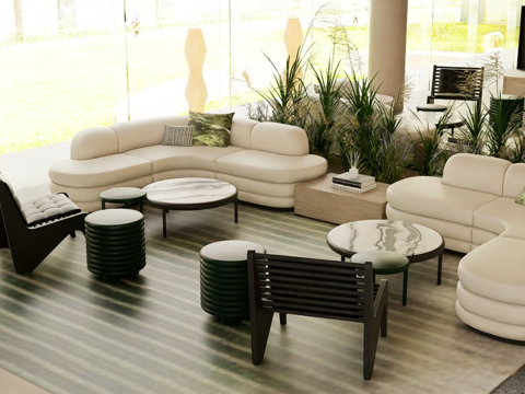 现代简约挑高酒店大堂 弧形沙发 悬浮楼梯 接待区su模型