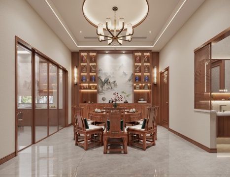  新中式餐厅 新中式餐桌椅 中式酒柜 吊灯 壁灯 洗手台3d模型 