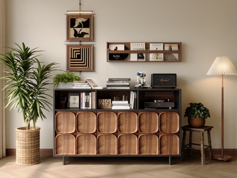  中古风书柜矮柜书籍摆件组合装饰柜落地灯3d模型 