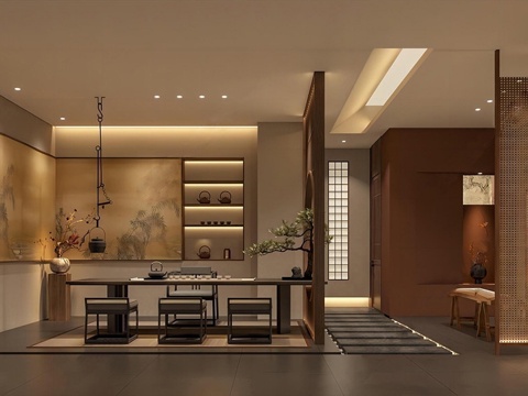 新中式禅意茶楼 现代简约茶室 茶社 茶馆 茶餐厅su模型