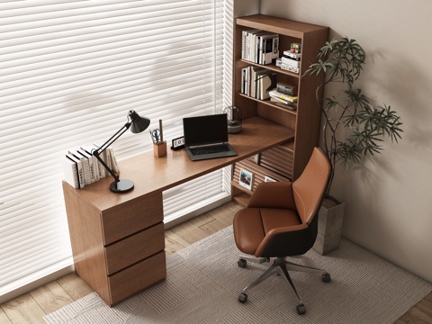  现代书房 书桌椅  办公桌椅 摆件组合 书柜3d模型 