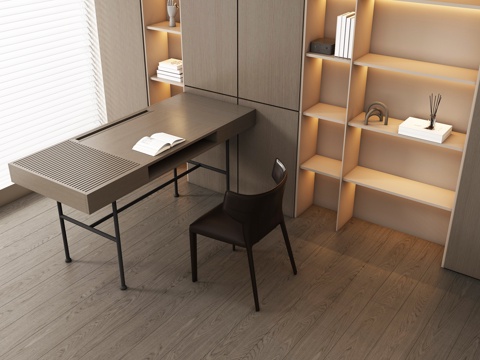 现代书房 书桌椅  办公桌椅 摆件组合 书柜su模型