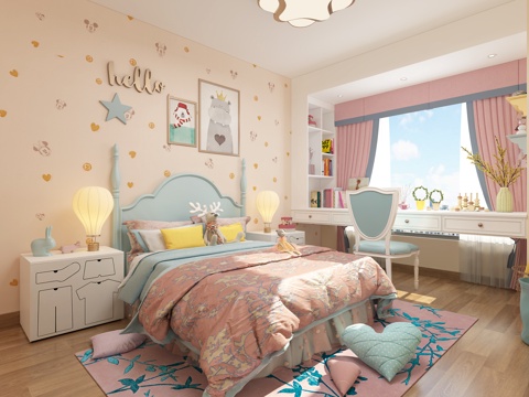  可爱女孩房儿童房 卡通床头柜 粉色地毯 儿童床3d模型 