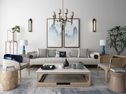  新中式沙发茶几装饰画吊灯地毯组合3d模型 