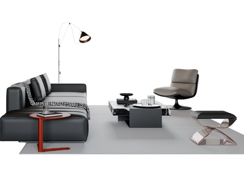 现代意式沙发茶几组合 多人沙发 皮质沙发 休闲椅 地毯su模型