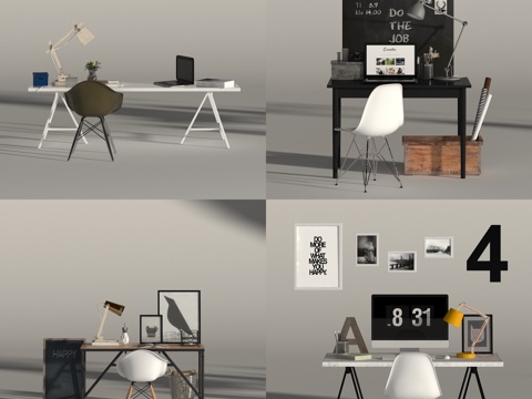  北欧书桌椅组合 北欧书桌 现代书桌 椅子 装饰 摆件 花3d模型 