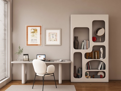 现代书房 书桌椅  办公桌椅 摆件组合 书柜su模型