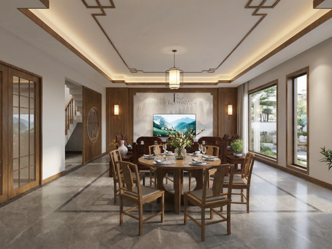 中式客餐厅_沙发_红木沙发_边几_电视墙_楼梯_餐桌su模型