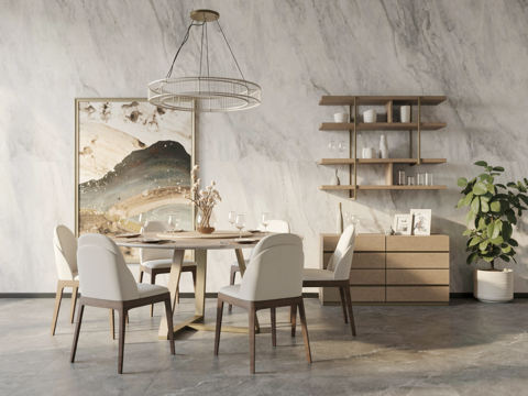 现代风格餐桌椅_展示柜_装饰品_吊灯_挂画_餐具su模型