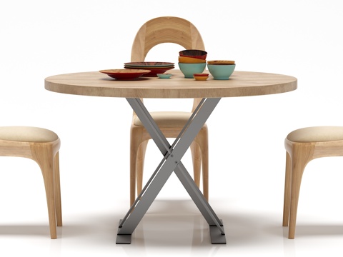  现代 圆形餐桌 椅子 摆件组合3d模型 