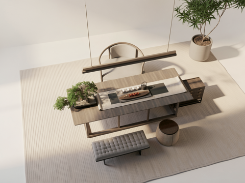 新中式茶桌椅 书桌椅 茶具 吊灯 茶室su模型