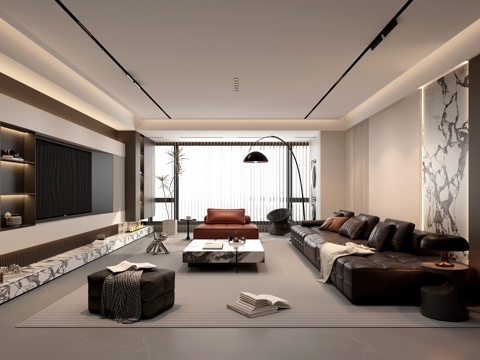  现代家居意式客厅 无主灯客厅  组合沙发茶几3d模型 