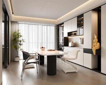 现代餐厅 酒柜 绿植盆栽 餐桌椅 雕塑su模型