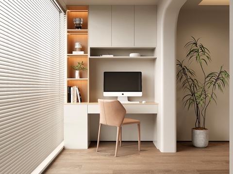 现代阳台书桌 书柜 书桌书柜一体柜 书架su模型