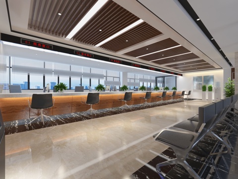  现代办公服务大厅 电子显示屏 绿植 椅子 办公窗口3d模型 