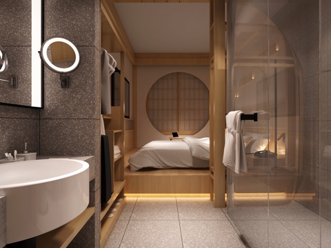  现代日式酒店客房 标准间客房 双人间 大床房 快捷酒店客房3d模型 