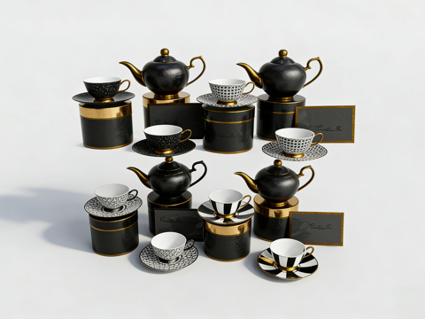 轻奢风茶具静物组合 黑金配色 锤纹茶壶 几何花纹茶杯茶碟套装su模型