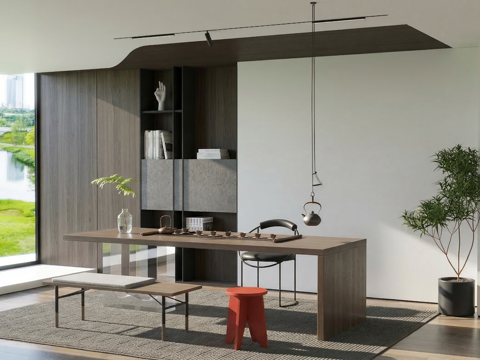 现代茶室_茶桌椅_茶水柜_茶壶_矮凳_绿植_盆栽_花瓶_饰品su模型