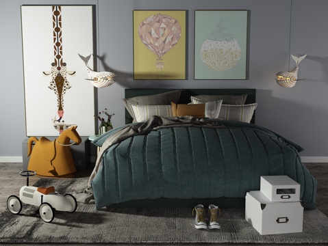  北欧双人床 装饰画3d模型 