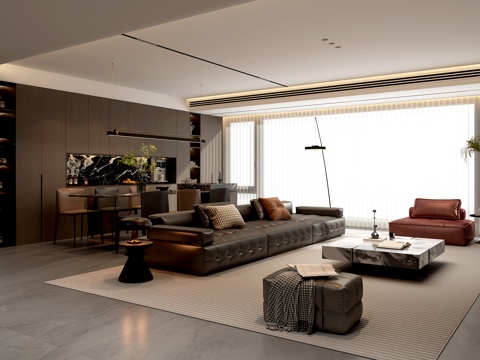  现代家居意式客餐厅 无主灯大横厅  组合沙发茶几3d模型 