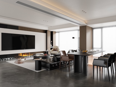  现代意式客餐厅 沙发茶几 电视背景墙 餐桌椅 地毯3d模型 