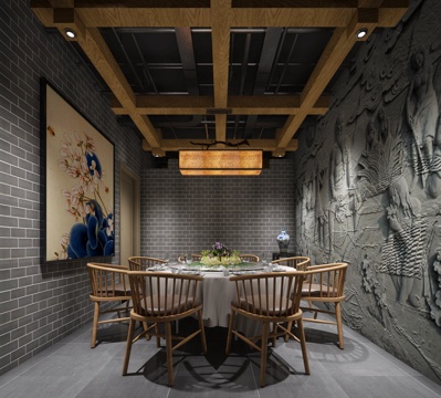  新中式餐厅包间 新中式餐桌 瓦片 木栅格吊顶 吊灯 脸谱3d模型 