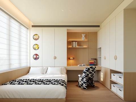 奶油风榻榻米卧室su模型